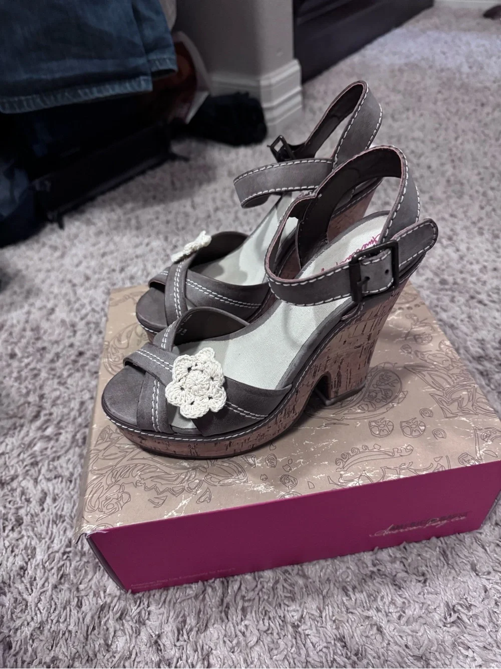 Gray Flower Accent Ankle Strap Sandals